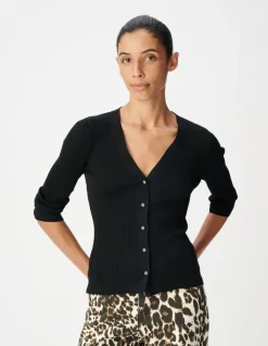 Cardigan col V noir tricot côtelé boutonné Femme