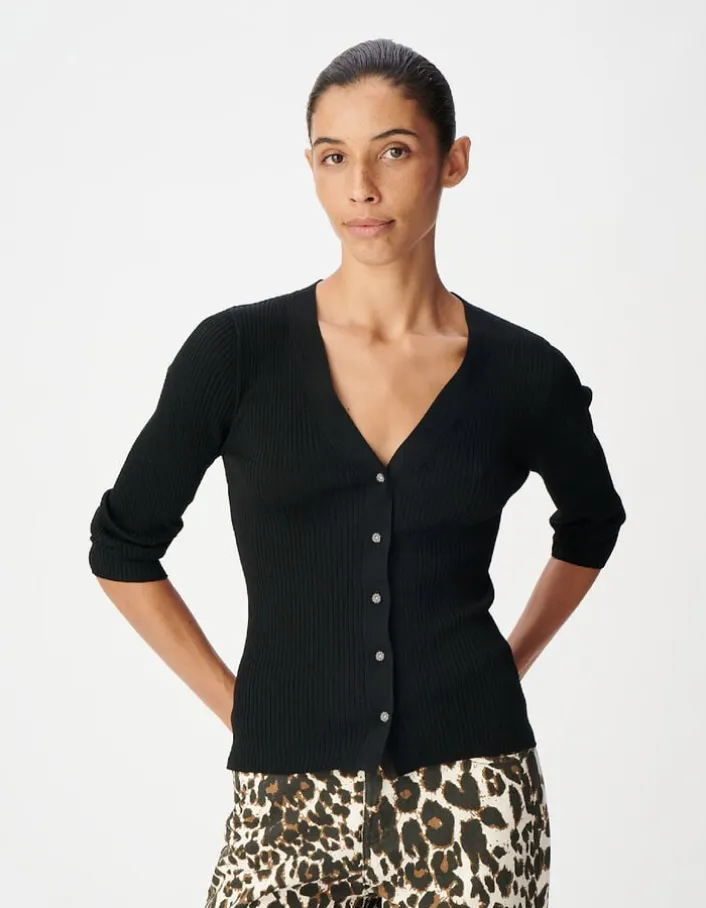 Cardigan col V noir tricot côtelé boutonné Femme