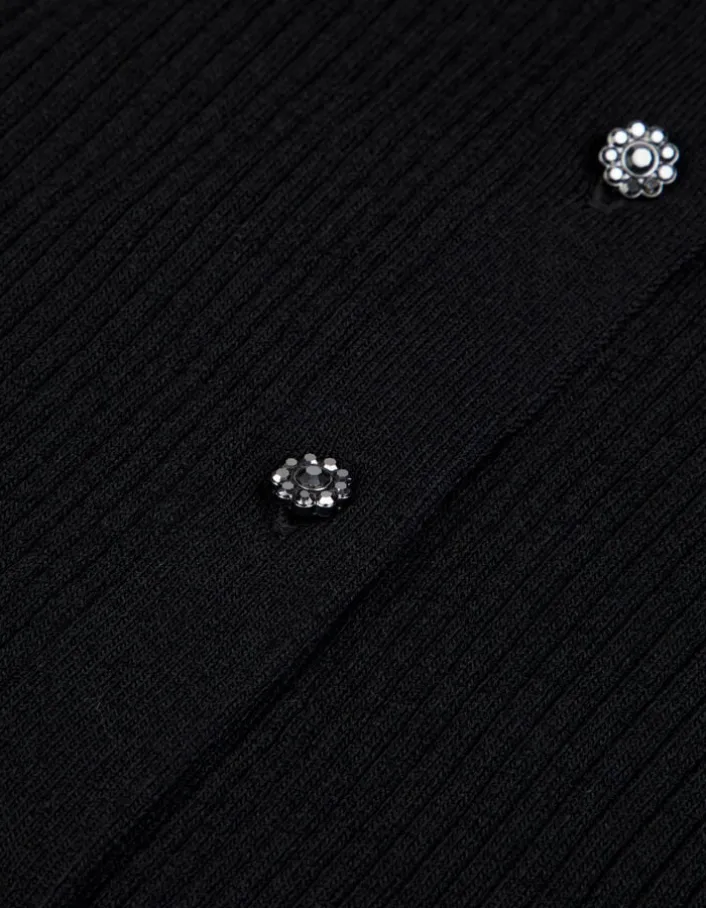 Cardigan col V noir tricot côtelé boutonné Femme