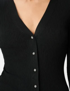 Cardigan col V noir tricot côtelé boutonné Femme