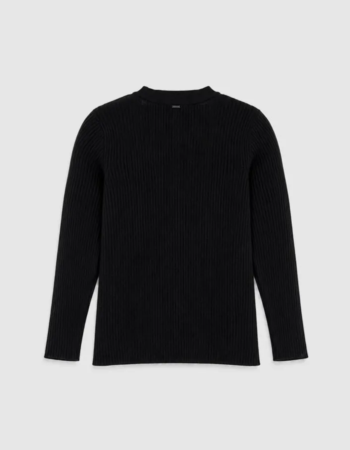 Cardigan col V noir tricot côtelé boutonné Femme