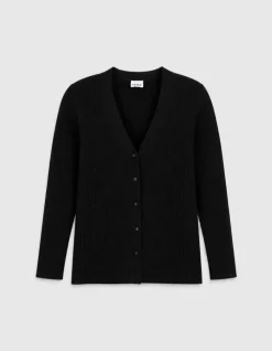 Cardigan col V noir tricot côtelé boutonné Femme