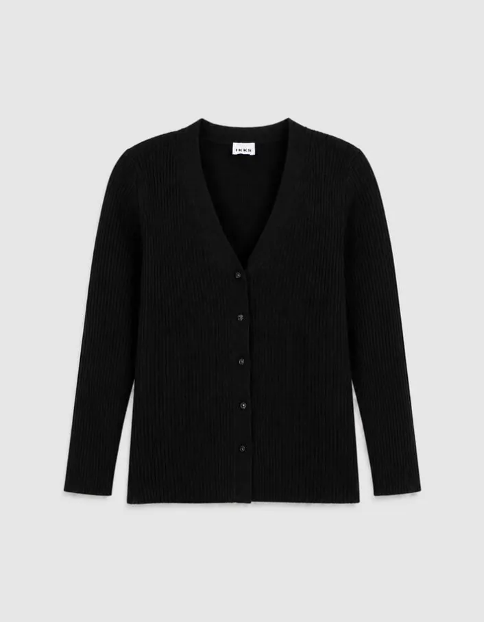 Cardigan col V noir tricot côtelé boutonné Femme