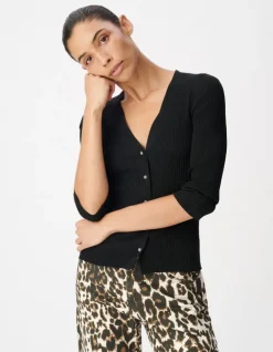 Cardigan col V noir tricot côtelé boutonné Femme