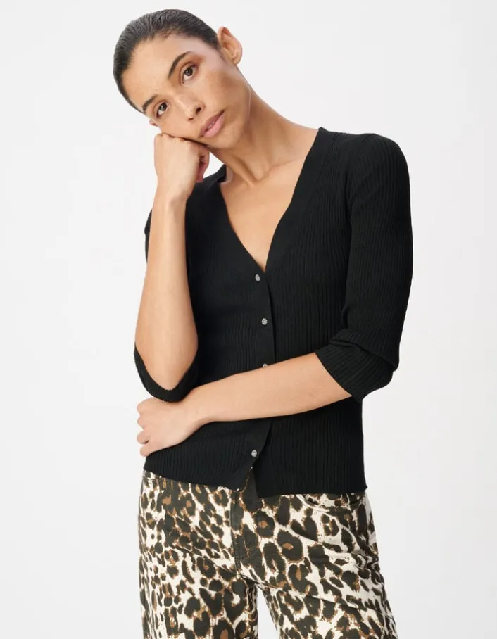 Cardigan col V noir tricot côtelé boutonné Femme
