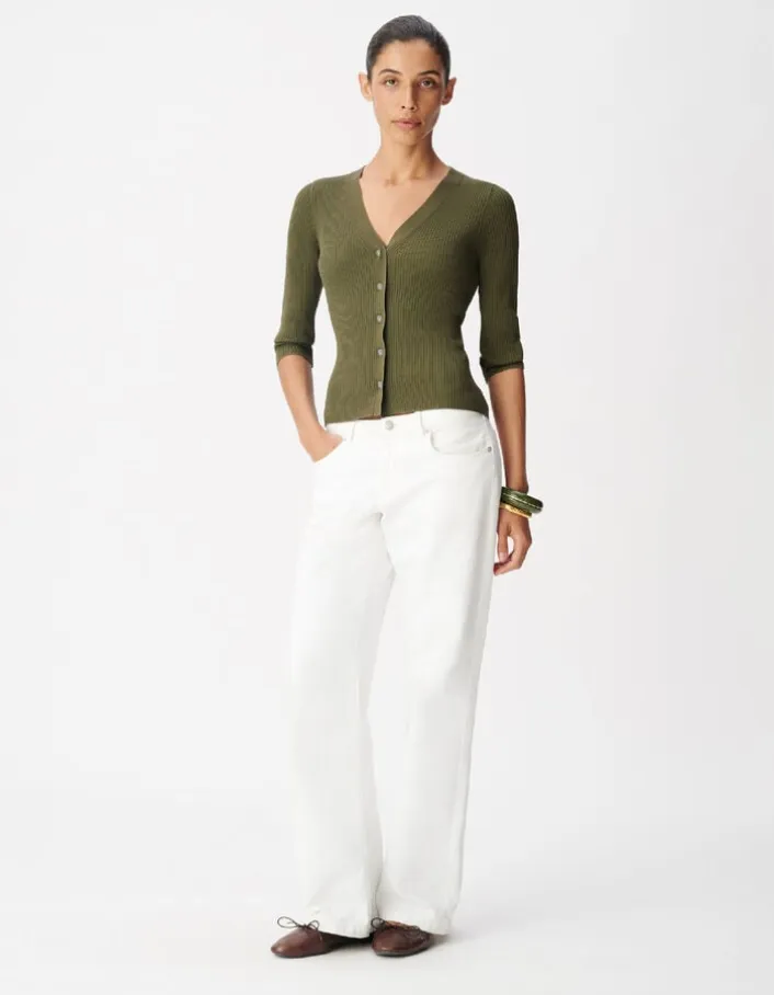 Cardigan col V noir tricot côtelé boutonné Femme
