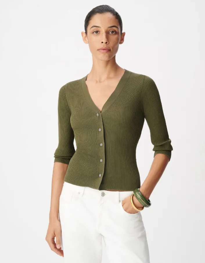 Cardigan col V noir tricot côtelé boutonné Femme