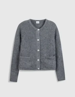 Cardigan gris tricot mousseux 100% laine Femme
