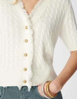 Cardigan manches courtes blanc tricot torsadé Femme