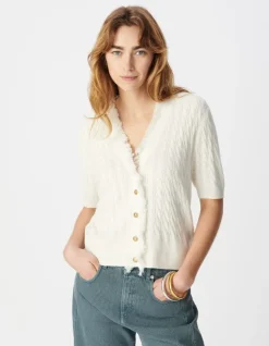 Cardigan manches courtes blanc tricot torsadé Femme