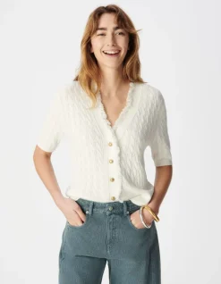 Cardigan manches courtes blanc tricot torsadé Femme