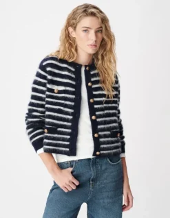 Cardigan manches longues marine rayures 100% laine Femme
