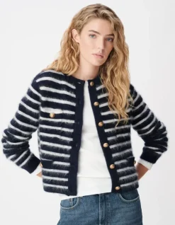 Cardigan manches longues marine rayures 100% laine Femme