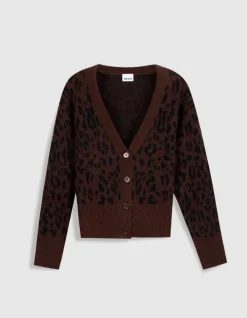Cardigan marron tricot motif léopard Femme