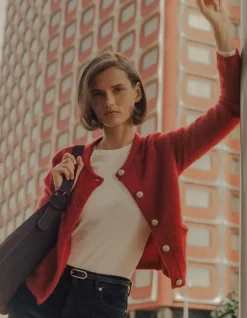 Cardigan rouge tricot mousseux 100% laine Femme