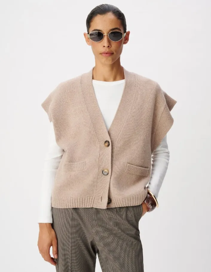 Cardigan sans manches beige tricot 100% laine Femme