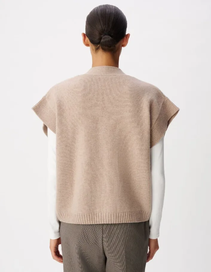 Cardigan sans manches beige tricot 100% laine Femme
