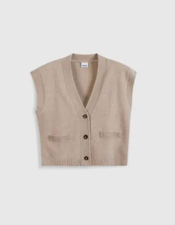 Cardigan sans manches beige tricot 100% laine Femme