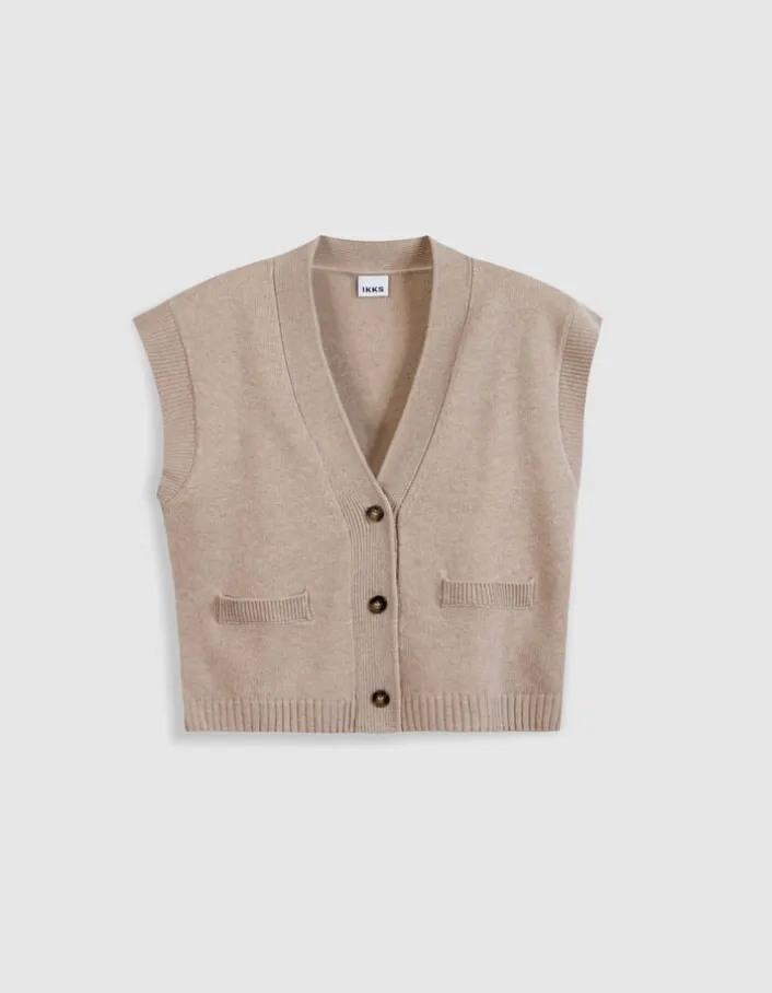 Cardigan sans manches beige tricot 100% laine Femme