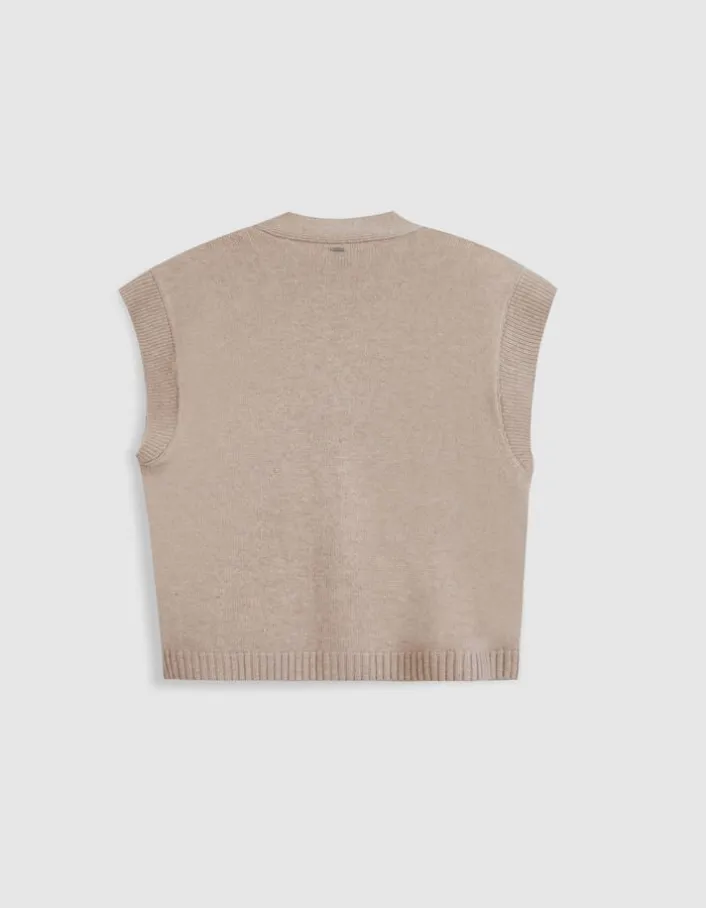 Cardigan sans manches beige tricot 100% laine Femme