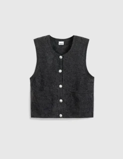 Cardigan sans manches gris anthracite 100% laine boutonné Femme