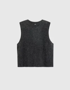 Cardigan sans manches gris anthracite 100% laine boutonné Femme