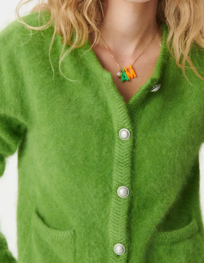 Cardigan vert tricot mousseux 100% laine Femme
