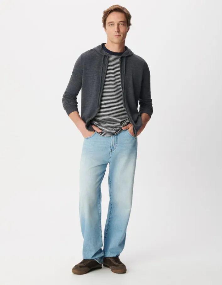 Cardigan zippé à capuche gris tricot 100% laine Homme