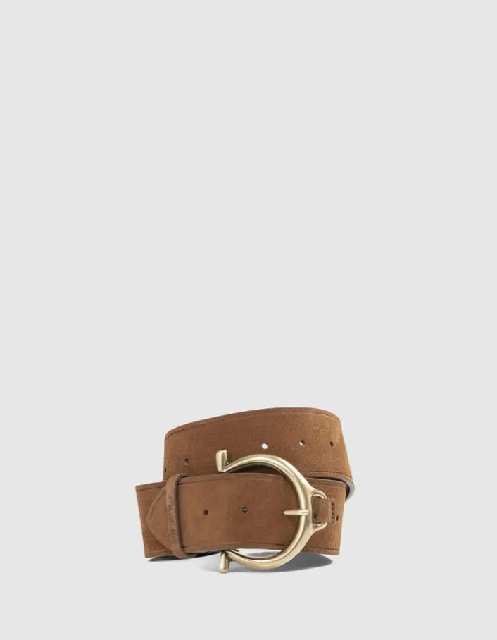 Ceinture cuir velours camel boucle ronde Femme