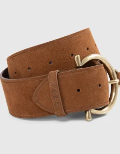 Ceinture cuir velours camel boucle ronde Femme
