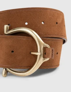 Ceinture cuir velours camel boucle ronde Femme