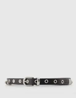 Ceinture fine noire cuir décor anneaux Femme