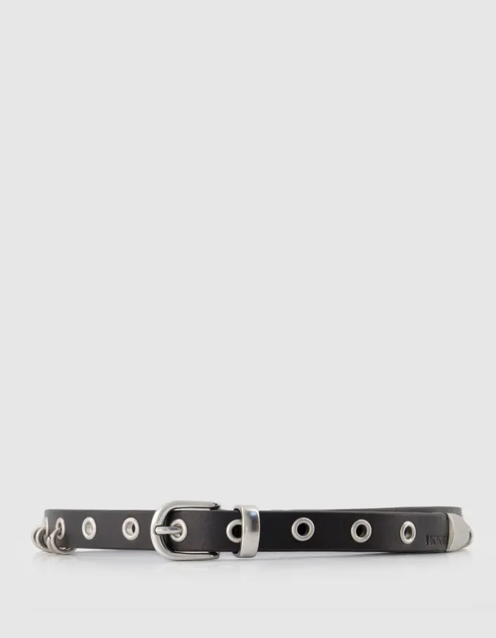 Ceinture fine noire cuir décor anneaux Femme