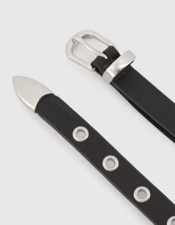 Ceinture fine noire cuir décor anneaux Femme