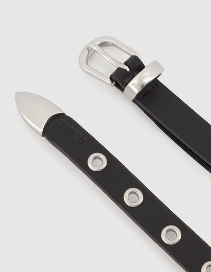 Ceinture fine noire cuir décor anneaux Femme