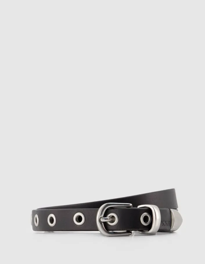 Ceinture fine noire cuir décor anneaux Femme