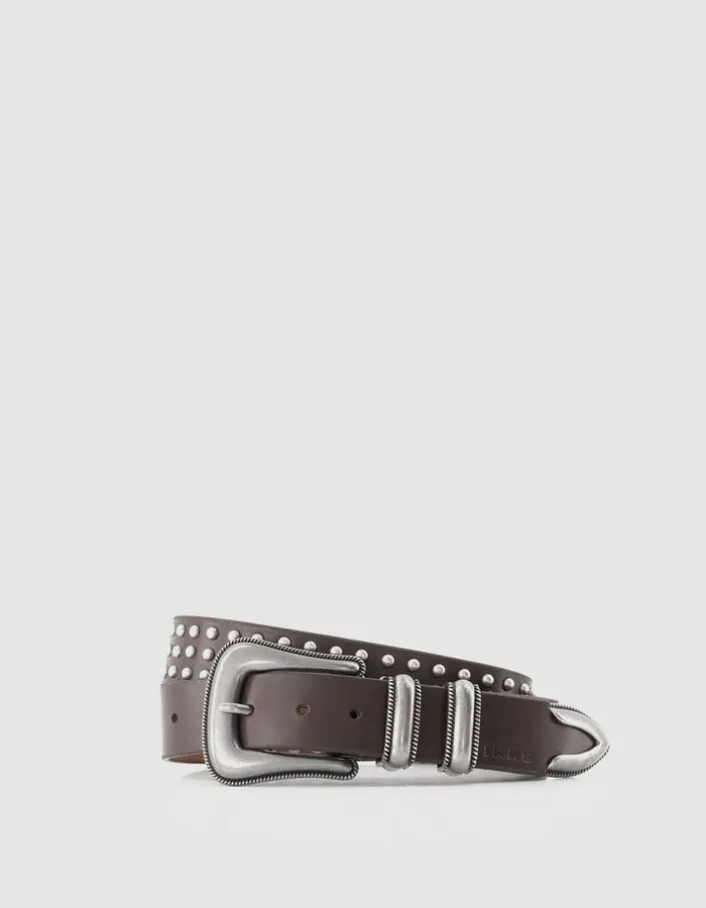 Ceinture marron cuir décor clous boucle western Femme