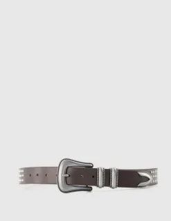 Ceinture marron cuir décor clous boucle western Femme