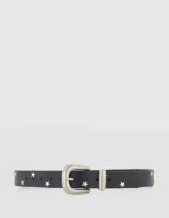 Ceinture noire cuir rivets étoiles Femme