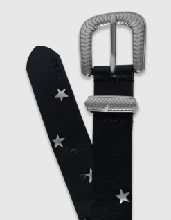 Ceinture noire cuir rivets étoiles Femme