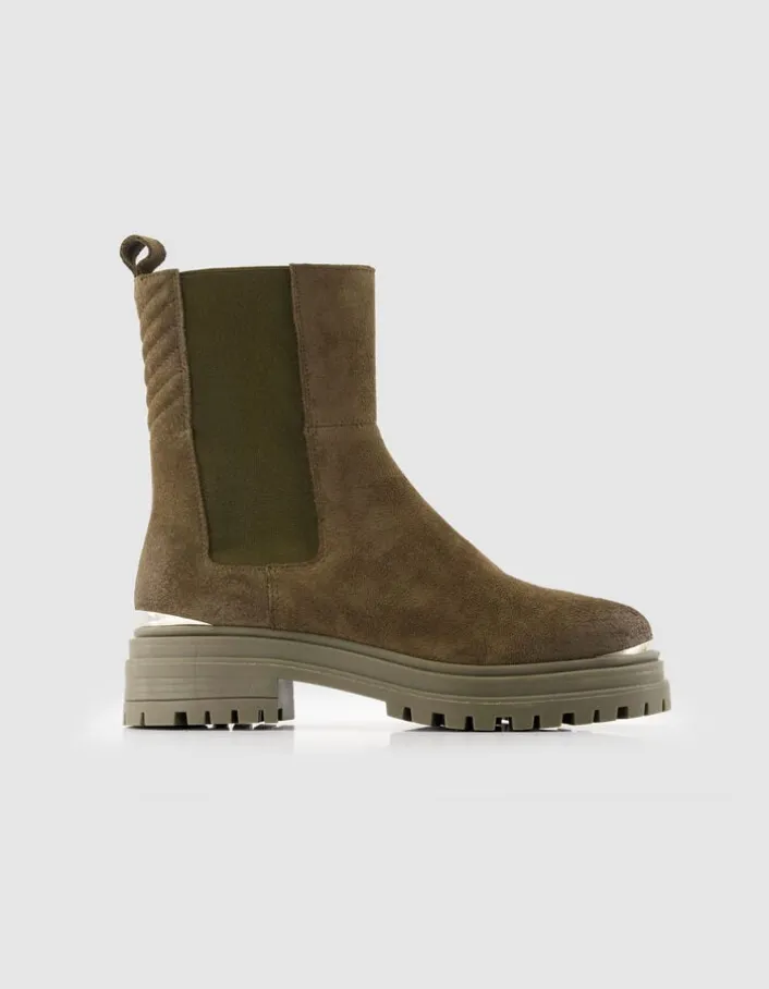 Chelsea boots kaki cuir velours baguette métal Femme