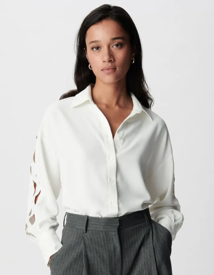 Chemise blanche manches longues ajourées Femme