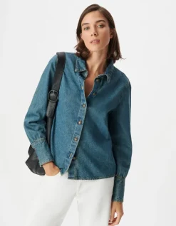 Chemise en jean bleu boutons métal gravé Femme