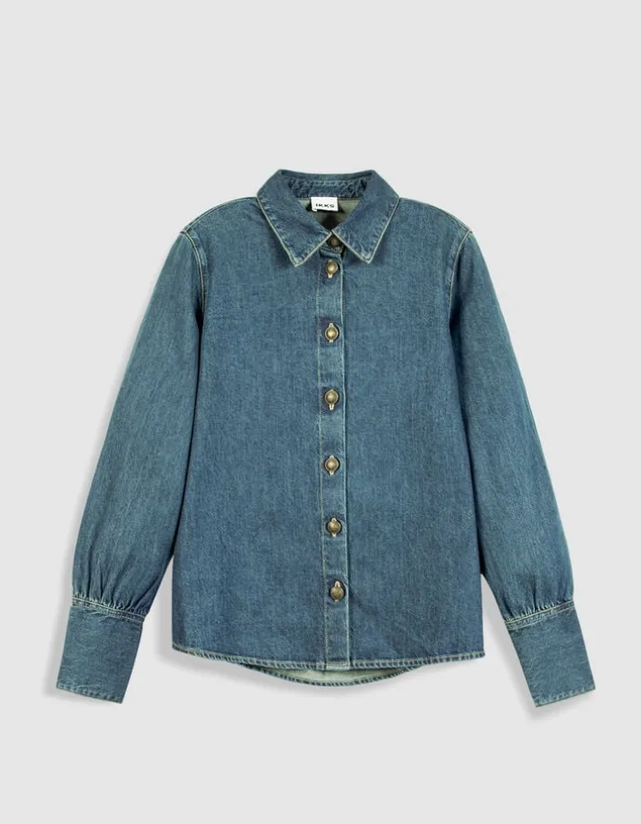 Chemise en jean bleu boutons métal gravé Femme