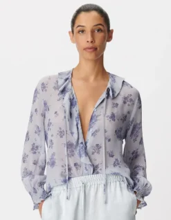 Chemise fluide imprimé micro fleurs bleues Femme
