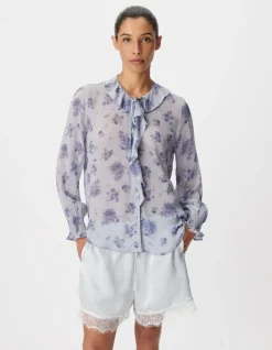 Chemise fluide imprimé micro fleurs bleues Femme