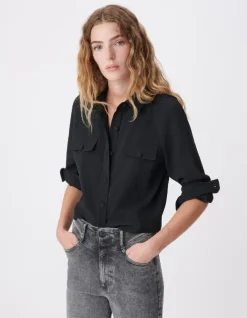 Chemise fluide noire poches poitrine Femme