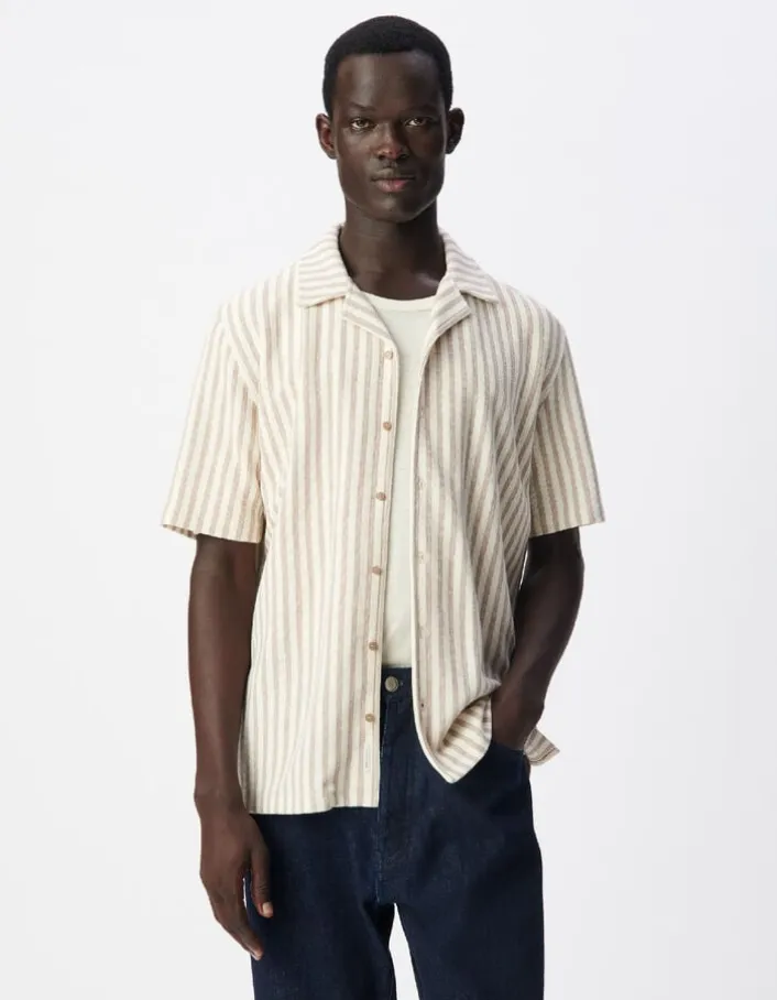 Chemise manches courtes beige maille rayures Homme