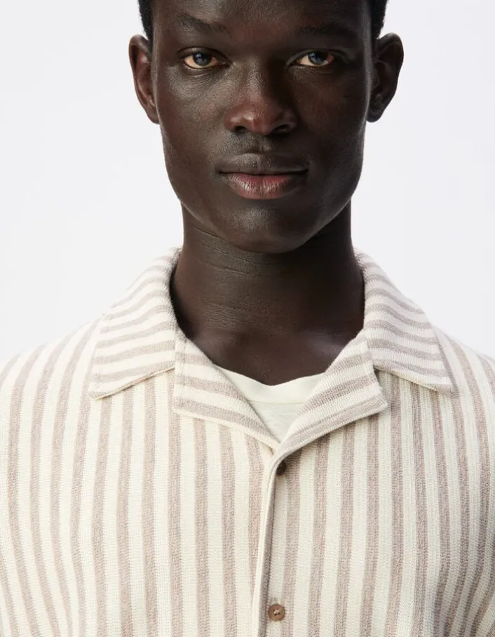 Chemise manches courtes beige maille rayures Homme