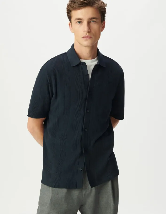 Chemise manches courtes marine maille rayures relief Homme